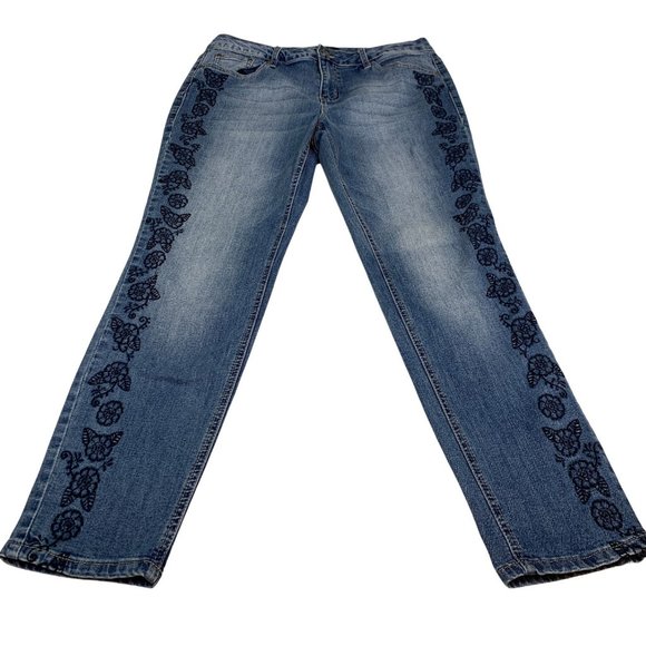 Earl Jeans Jeans Earl Skinny Jeans Mid Rise Medium Wash With Black Embroidered Flowers Size